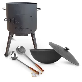 Set - Feuerofen - KasanoFF, 12 Liter, Ø 40 cm + Gusseisenkasan, runder Boden, Ø 42,5 cm, 12 l + Schöpfkelle 48 cm + Schaumlöffel 48 cm