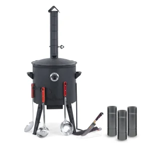 Utschak Feuerofen Ø 40 cm + Gusseisen-Kasan 12 L, runder Boden + Küchenzubehör, Usbekischer Kochtopf aus Gusseisen