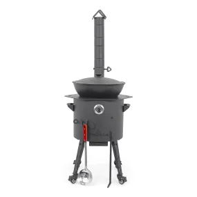 Utschak Feuerofen Ø 40 cm + Gusseisen-Kasan 12 L, flacher Boden + Küchenzubehör, Usbekischer Kochtopf aus Gusseisen