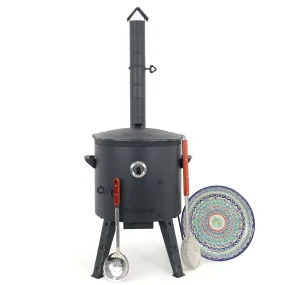 Utschak Feuerofen Ø 44 cm + Gusseisen-Kasan 16 l, Ø 46,5 cm, runder Boden + Küchenzubehör, Usbekischer Kochtopf aus Gusseisen für Grill & Plov