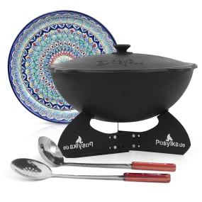 Kasan aus Gusseisen, Aluminiumdeckel, runder Boden, Ø 46,5 cm, 16 l + Ständer + Lagan Ø 37 cm + Küchenutensilien