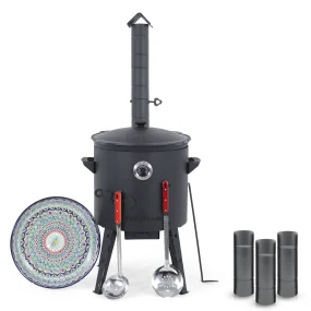 Utschak Feuerofen Ø 40 cm + Gusseisen-Kasan 12 L, runder Boden + Küchenzubehör, Usbekischer Kochtopf aus Gusseisen