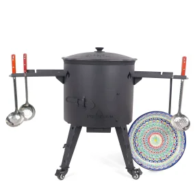 Учаг печь Ø 44 см + чугунный казан 16 л, плоское дно, колёса, столики + кухонные принадлежности, узбекский чугунный казан для гриля и плова