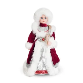 Figur - Schneemädchen, im burgunderfarbenen Pelzmantel, mit Fach für Süßigkeiten, 35 cm Figur - Schneemädchen, im burgunderfarbenen Pelzmantel, mit Fach für Süßigkeiten, 35 cm