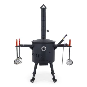 Utschak Feuerofen Ø 40 cm + Gusseisen-Kasan 12 L, runder Boden + Küchenzubehör, Usbekischer Kochtopf aus Gusseisen