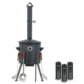 Utschak Feuerofen Ø 36 cm + Gusseisen-Kasan 10 L, flacher Boden + Küchenzubehör, Usbekischer Kochtopf aus Gusseisen für Grill & Plov