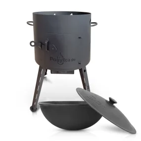 Set - Feuerofen - KazanoFF, für usbekischen Kasan 12 Liter, Ø 40 cm + Gusseisenkasan, Aluminiumdeckel, runder Boden, Ø 42,5 cm, 12 l