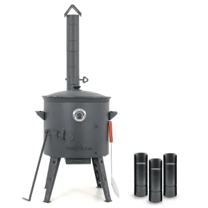 Utschak Feuerofen Ø 44 cm + Gusseisen-Kasan 16 l, Ø 46,5 cm, flacher Boden + Küchenzubehör, Usbekischer Kochtopf aus Gusseisen