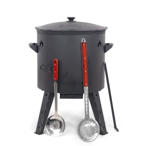 Utschak Feuerofen Ø 44 cm + Gusseisen-Kasan 16 l, Ø 46,5 cm, runder Boden + Küchenzubehör, Usbekischer Kochtopf aus Gusseisen