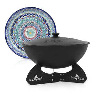 Kasan aus Gusseisen, Aluminiumdeckel, runder Boden, Ø 46,5 cm, 16 l + Ständer + Lagan Ø 37 cm + Küchenutensilien