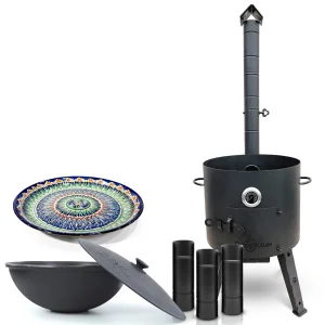 Set - Feuerofen - KasanoFF, 16 Liter, Ø 44 cm + Rohrverlängerung + Gusseisenkasan, flacher Boden, Ø 46,5 cm, 16 l + Thermometer + Lagan MIX-Muster, Ø 