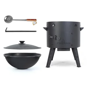 Set: Feuerofen Utschak Ø 49 cm, Gusseisen-Kasan 22 L flacher Boden, Kochaccessoires