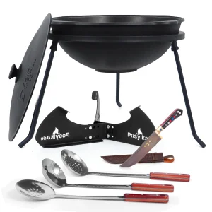 Kasan aus Gusseisen, Aluminiumdeckel, flacher Boden, Ø 46,5 cm, 16 l + Untersetzer + Dreibein + Küchenzubehör