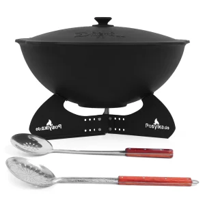 Kasan aus Gusseisen, Aluminiumdeckel, flacher Boden, 22 l, Ø 52,7 cm + Untersetzer + Küchenzubehör
