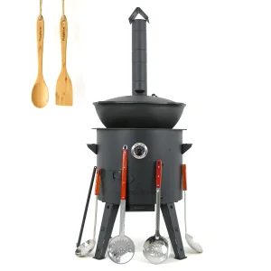 Utschak Feuerofen Ø 44 cm + Gusseisen-Kasan 16 l, Ø 46,5 cm, flacher Boden + Küchenzubehör, Usbekischer Kochtopf aus Gusseisen