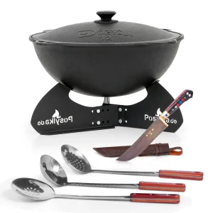 Kasan aus Gusseisen, Aluminiumdeckel, runder Boden, Ø 42,5 cm, 12 l + Untergestell + Küchenzubehör