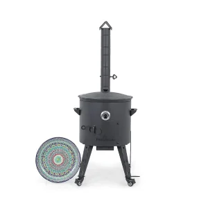 Utschak Feuerofen Ø 44 cm + Gusseisen-Kasan 16 l, Ø 46,5 cm, runder Boden + Küchenzubehör, Usbekischer Kochtopf aus Gusseisen
