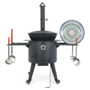 Utschak Feuerofen Ø 49 cm + Gusseisen-Kasan 22 L, flacher Boden + Küchenzubehör, Usbekischer Kochtopf aus Gusseisen