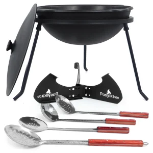 Kasan aus Gusseisen, Aluminiumdeckel, runder Boden, 22 l, Ø 52,7 cm + Untersetzer + Dreibein + Küchenzubehör