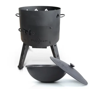 Set - Feuerofen - KazanoFF, für usbekischen Kasan 16 Liter, Ø 44 cm + Gusseisenkasan, Aluminiumdeckel, runder Boden, Ø 46,5 cm, 16 l