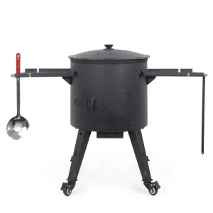 Utschak Feuerofen Ø 44 cm + Gusseisen-Kasan 16 l, flacher Boden, Transportrollen, Ablagetische + Küchenzubehör, Usbekischer Kochtopf aus Gusseisen