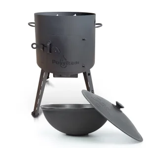 Set - Feuerofen - KazanoFF, für usbekischen Kasan12 Liter, Ø 40 cm + Gusseisenkasan, Aluminiumdeckel, flacher Boden, Ø 42,5 cm, 12 l