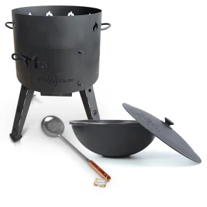 Set - Feuerofen - KazanoFF, für usbekischen Kasan 16 Liter, Ø 44 cm + Gusseisenkasan, Aluminiumdeckel, flacher Boden, Ø 46,5 cm, 16 l + Schaumlöffel 4