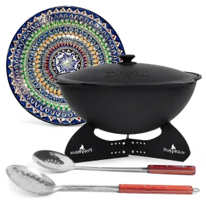 Kasan aus Gusseisen, Aluminiumdeckel, runder Boden, 22 l, Ø 52,7 + Ständer + Lagan Ø 42 cm + Küchenzubehör