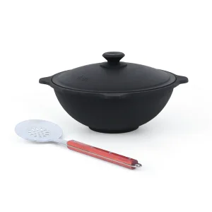 Set - Gusseiserner Kasan, Aluminiumdeckel, flacher Boden, Ø 33,5 cm, 6 l + Schaumlöffel 40 cm