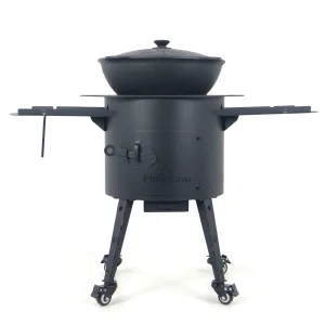 Utschak Feuerofen Ø 40 cm + Gusseisen-Kasan 12 L, runder Boden, Transportrollen, Ablagetische, Ofenplatte + Küchenzubehör, Usbekischer Kochtopf aus Gu