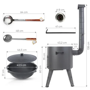 Utschak Feuerofen Ø 44 cm + Gusseisen-Kasan 16 l, Ø 46,5 cm, runder Boden + Küchenzubehör, Usbekischer Kochtopf aus Gusseisen
