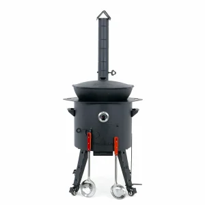 Utschak Feuerofen Ø 44 cm + Gusseisen-Kasan 16 l, Ø 46,5 cm, flacher Boden + Küchenzubehör, Usbekischer Kochtopf aus Gusseisen