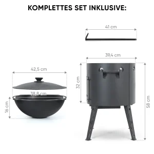 Utschak Feuerofen Ø 40 cm + Gusseisen-Kasan 12 L, Ø 42,5 cm, flacher Boden + Küchenzubehör, Usbekischer Kochtopf aus Gusseisen