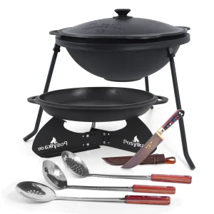 Kasan aus Gusseisen, Aluminiumdeckel, runder Boden, Ø 42,5 cm, 12 l + Untersetzer + Dreibein + Deckelpfanne Ø 42,5 cm + Küchenzubehör