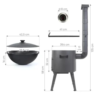 Utschak Feuerofen Ø 40 cm + Gusseisen-Kasan 12 L, Ø 42,5 cm, flacher Boden + Küchenzubehör, Usbekischer Kochtopf aus Gusseisen