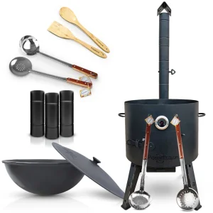 Set - Feuerofen - KasanoFF, 22 Liter, Ø 49 cm + Thermometer + Rohrverlängerung + Gusseisenkasan, runder Boden, 22 l, Ø 52,7 cm + Schaumlöffel: 3-Stk.+