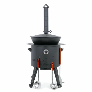 Utschak Feuerofen Ø 49 cm + Gusseisen-Kasan 22 L, runder Boden + Küchenzubehör, Usbekischer Kochtopf aus Gusseisen