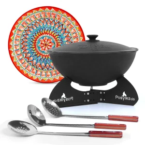 Kasan aus Gusseisen, Aluminiumdeckel, flacher Boden, Ø 42,5 cm, 12 l + Ständer + Lagan Ø 37 cm + Küchenutensilien