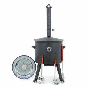 Utschak Feuerofen Ø 49 cm + Gusseisen-Kasan 22 L, Ø 52,7 cm, runder Boden + Küchenzubehör, Usbekischer Kochtopf aus Gusseisen