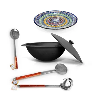 Set - Gusseiserner Kasan mit Aluminiumdeckel, runder Boden, 22 l, Ø 52,7 cm + Lagan Ø 42 cm + Küchenutensilien