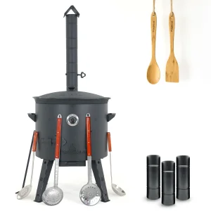 Utschak Feuerofen Ø 49 cm + Gusseisen-Kasan 22 L, flacher Boden + Küchenzubehör, Usbekischer Kochtopf aus Gusseisen