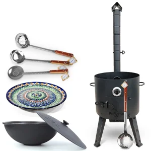 Set - Feuerofen - KasanoFF, 16 l, Ø 44 cm + Thermometer + Gusseisenkasan, runder Boden, Ø 46,5 cm, 16 l + Lagan MIX, Ø 37 cm + Schaumlöffel: 3 Stk. + 