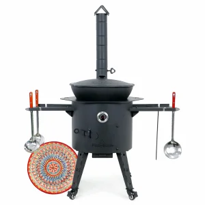 Utschak Feuerofen Ø 44 cm + Gusseisen-Kasan 16 l, Ø 46,5 cm, flacher Boden + Küchenzubehör, Usbekischer Kochtopf aus Gusseisen