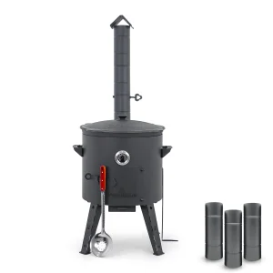 Utschak Feuerofen Ø 44 cm + Gusseisen-Kasan 16 l, Ø 46,5 cm, flacher Boden + Küchenzubehör, Usbekischer Kochtopf aus Gusseisen