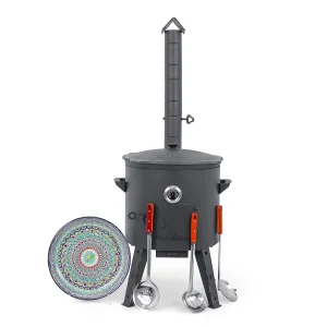 Utschak Feuerofen Ø 44 cm + Gusseisen-Kasan 16 l, Ø 46,5 cm, flacher Boden + Küchenzubehör, Usbekischer Kochtopf aus Gusseisen