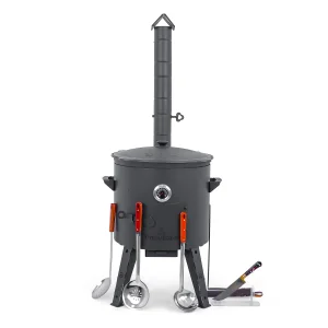 Utschak Feuerofen Ø 44 cm + Gusseisen-Kasan 16 l, Ø 46,5 cm, flacher Boden + Küchenzubehör, Usbekischer Kochtopf aus Gusseisen