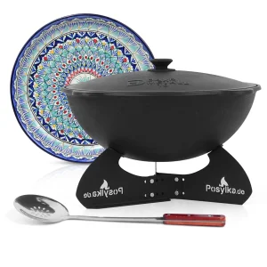 Kasan aus Gusseisen, Aluminiumdeckel, runder Boden, Ø 46,5 cm, 16 l + Ständer + Lagan Ø 37 cm + Küchenutensilien