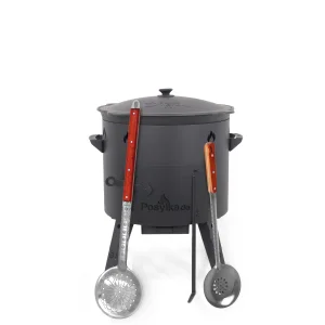 Utschak Feuerofen Ø 49 cm + Gusseisen-Kasan 22 L, flacher Boden, Küchenzubehör, Usbekischer Kochtopf aus Gusseisen