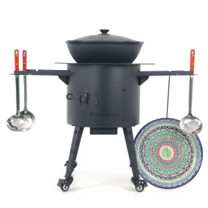 Учаг печь Ø 40 см + чугунный казан 12 л, круглое дно, колёса, столики, плита + кухонные принадлежности, узбекский чугунный казан для гриля и плова