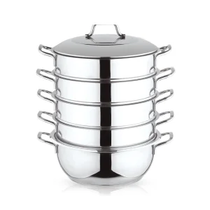  Dampfkocher mit Metalldeckel, 6-tlg., Edelstahl 18/10, mit Metallgriffen